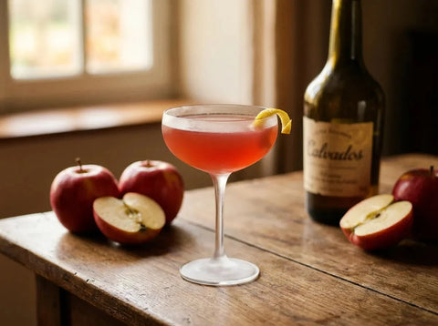 Jack Rose roseé en coupette avec zeste de citron, pommes rouges et bouteille de calvados sur table de ferme normande
