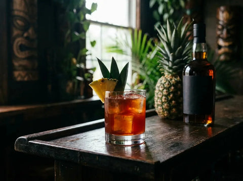 Jungle Bird rouge ambré sur glace en verre bas avec quartier d'ananas et feuilles, ananas et bouteille de rhum sombre