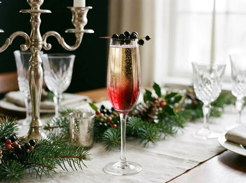 Kir Royal rose-rouge à fines bulles en flûte avec grain de cassis, sur une table de fête élégante