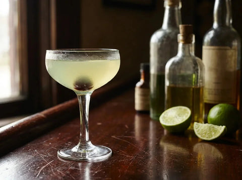 Last Word vert pâle en coupette avec cerise au fond, citrons verts et bouteilles de liqueur sur bar vintage sombre