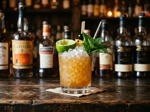 Mai Tai sur glace pilée avec demi-écorce de citron vert et brin de menthe