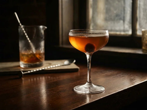 Manhattan ambré en coupette avec cerise cocktail, verre à mélange et cuillère de bar, ambiance feutrée de bar en lumière naturelle