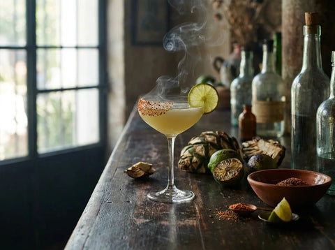 Margarita au mezcal en coupette avec demi-croûte de sel au piment, roue de citron vert, agaves grillés en arrière-plan