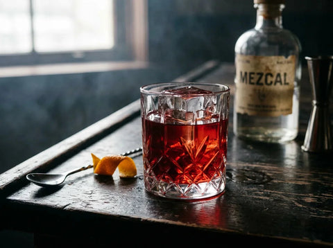 Mezcal negroni rouge profond sur gros glaçon en verre old fashioned, zeste d'orange et cuillère de bar