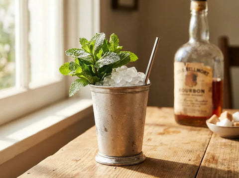Mint Julep en timbale d'argent givrée débordant de glace pilée et d'un bouquet de menthe, bouteille de bourbon derrière