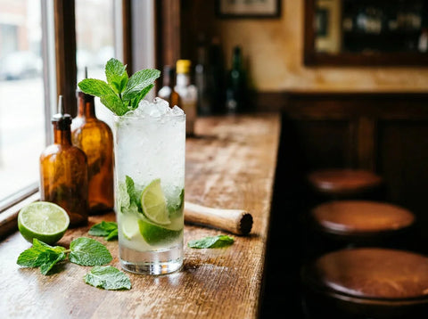Mojito cubain dans un verre highball embué, menthe fraîche, citron vert et glace pilée sur un comptoir de bar
