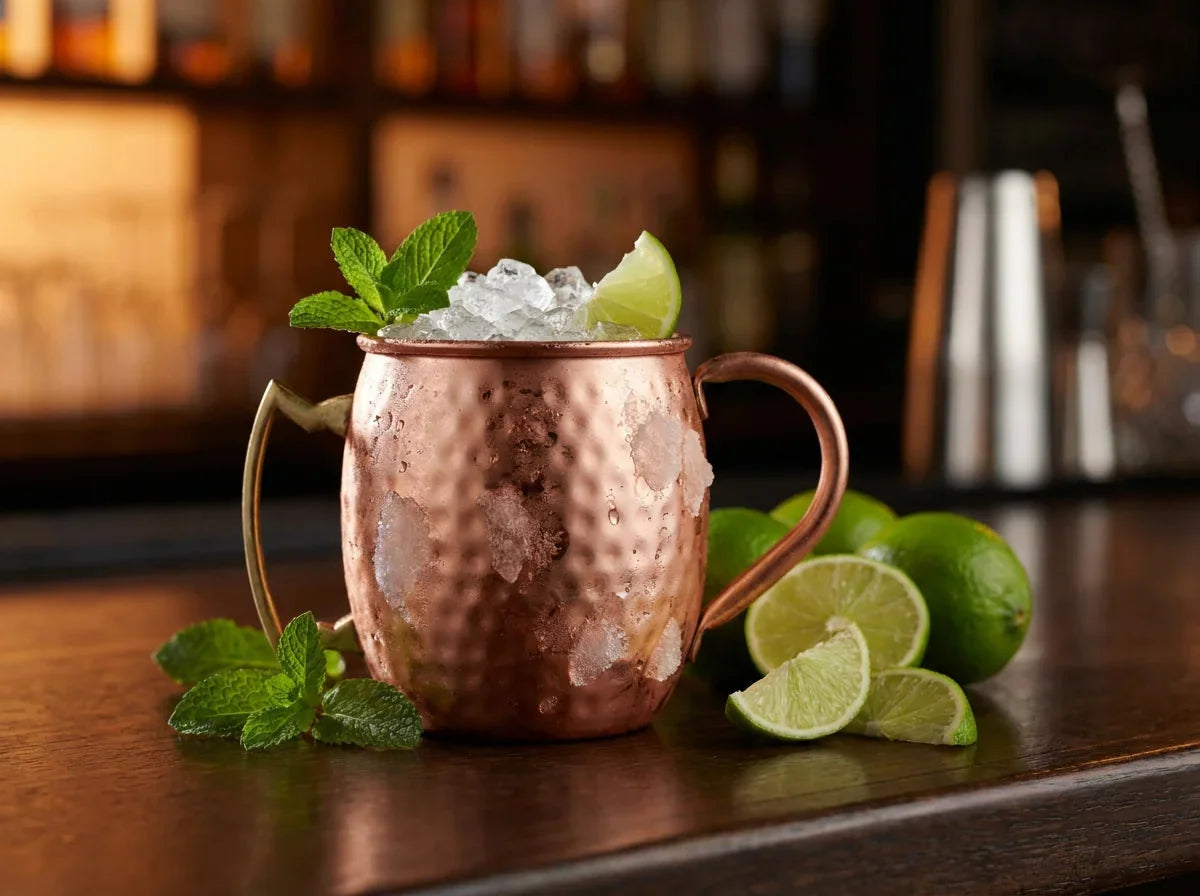Moscow mule dans une timbale en cuivre martelé givrée, menthe fraîche et citron vert
