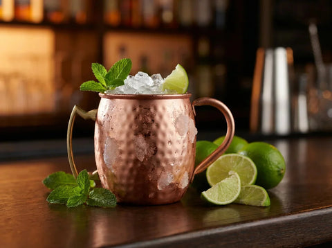 Moscow mule dans une timbale en cuivre martelé givrée, menthe fraîche et citron vert