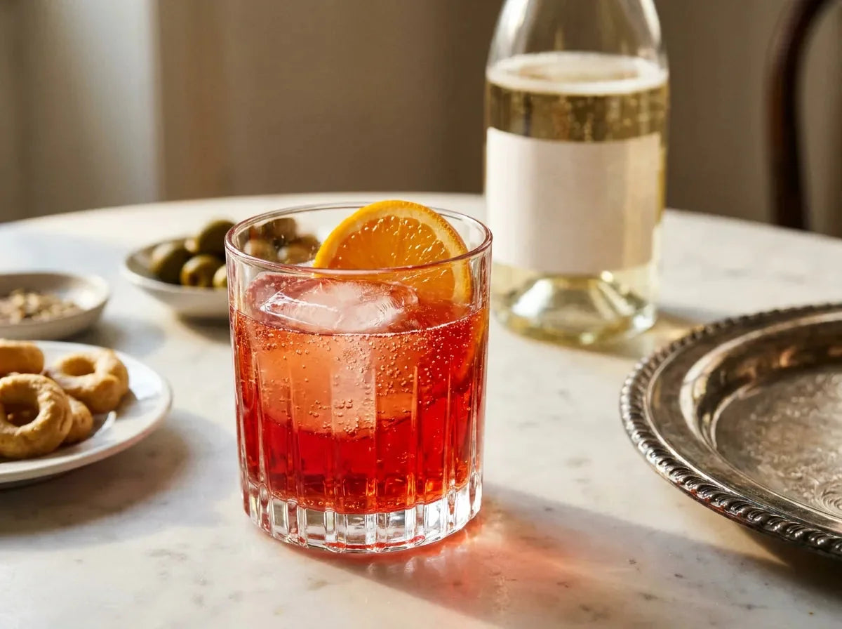 Negroni Sbagliato rouge à bulles sur glace en verre old fashioned avec tranche d'orange, olives et bulles à côté