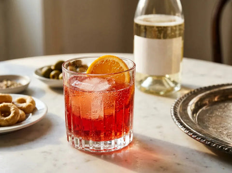 Negroni Sbagliato rouge à bulles sur glace en verre old fashioned avec tranche d'orange, olives et bulles à côté