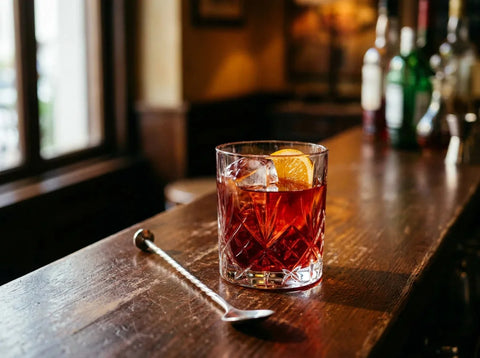 Negroni rouge profond sur un gros glaçon dans un verre old fashioned, tranche d'orange, comptoir de bar en lumière naturelle