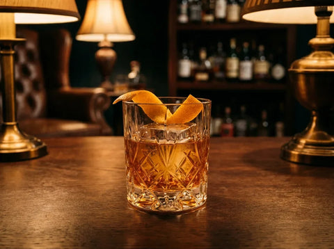 Old Fashioned au whisky, gros glaçon et zeste d'orange dans un verre en cristal