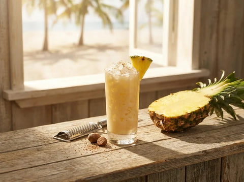 Painkiller crémeux sur glace pilée dans un verre haut, muscade râpée et quartier d'ananas, comptoir de bar de plage