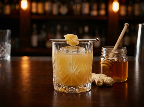 Penicillin doré trouble sur gros glaçon avec gingembre confit, miel et gingembre frais