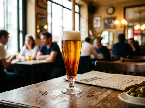 Picon bière ambré à col de mousse dans un verre à bière, sur un comptoir de brasserie française