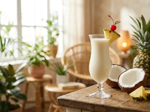 Piña colada crémeuse dans un verre hurricane, quartier d'ananas frais et cerise, ambiance bar tropical en lumière naturelle