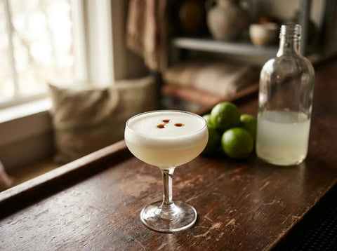 Pisco Sour à la mousse blanche épaisse en coupette avec gouttes de bitter, citrons verts et bouteille claire sur bar rustique