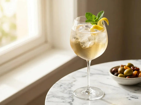 Porto tonic doré pâle sur glace en verre à vin avec zeste de citron et menthe, olives sur table de marbre