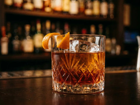 Rum old fashioned au rhum vieux, gros glaçon et zeste d'orange dans un verre en cristal