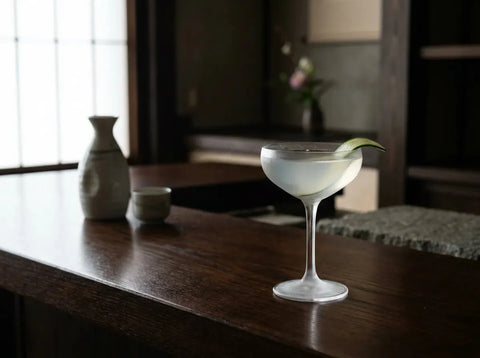 Saketini limpide en coupette avec rondelle de concombre, carafe de saké sur un comptoir japonais sombre
