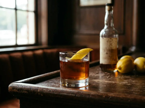 Sazerac ambré servi sec dans un verre old fashioned avec zeste de citron, bouteille et citrons sur bar vintage sombre