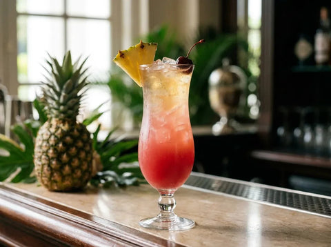 Singapore Sling en verre hurricane avec dégradé rouge-or, quartier d'ananas et cerise, ambiance de bar colonial