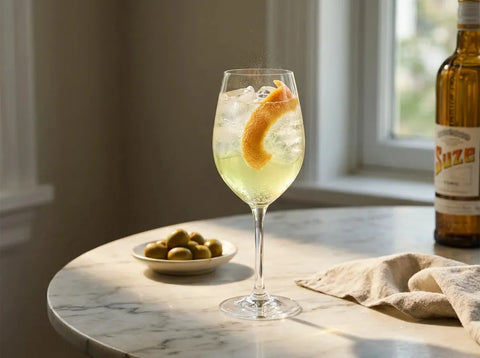 Suze tonic jaune-vert pâle sur glace en verre à vin avec zeste d'agrume, olives sur une table d'apéritif