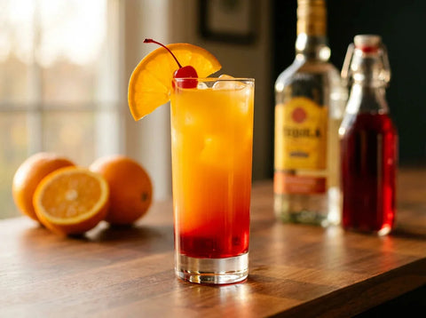 Tequila sunrise en verre highball sur glace avec dégradé orange et grenadine, tranche d'orange et cerise