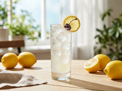 Tom Collins sur glace dans un grand verre collins, roue de citron et cerise, bulles fines, table d'été en lumière naturelle