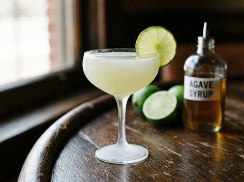 Tommy's margarita en coupette sans croute de sel, roue de citron vert, citrons et sirop d'agave sur comptoir de bar