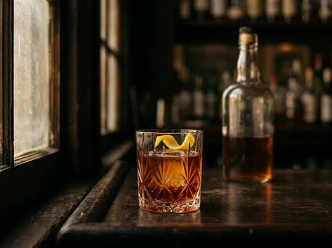 Vieux Carré ambré sur gros glaçon en verre old fashioned avec zeste de citron, bouteille de whisky sur bar vintage