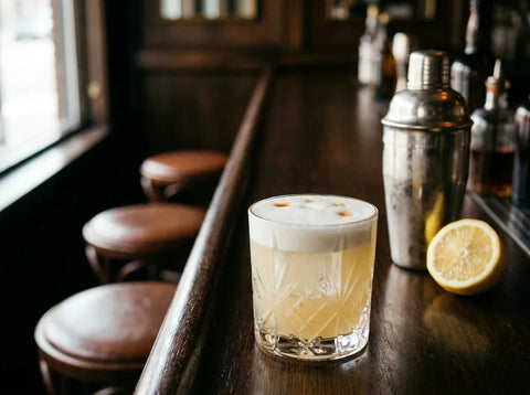 Whisky sour à la mousse blanche fine dans un verre old fashioned, gouttes de bitter dessinées sur la mousse, bar en lumière naturelle