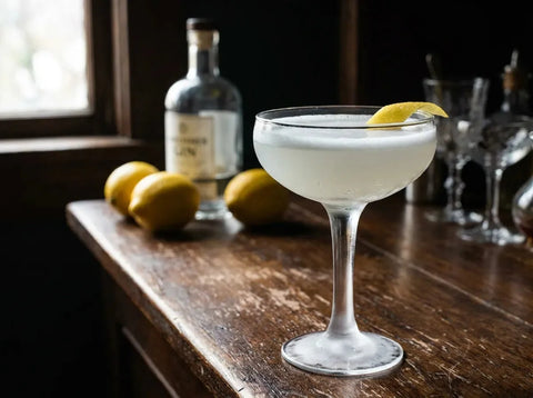 White Lady ivoire à la mousse soyeuse en coupette avec zeste de citron, citrons et bouteille de gin sur bar sombre