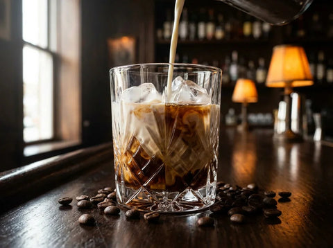 White Russian en verre old fashioned sur glace, crème versée en volutes dans la liqueur de café, grains de café