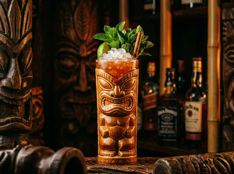 Cocktail Zombie tiki sur glace pilée avec brin de menthe dans un mug tiki