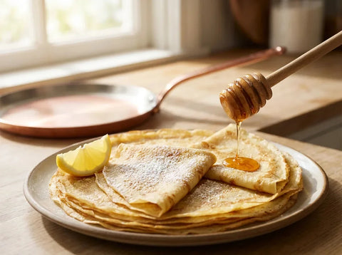 Pile de crêpes fines dorées avec sucre, citron et miel