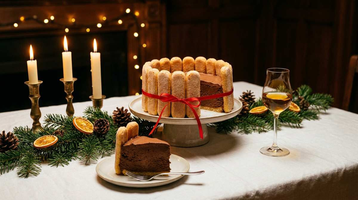 Charlotte au chocolat sur un présentoir blanc, biscuits à la cuillère dressés autour d'une mousse au chocolat noir, ruban rouge, part coupée sur une assiette, fourchette à plat, table de réveillon aux bougies, guirlande de sapin, verre de vin doux