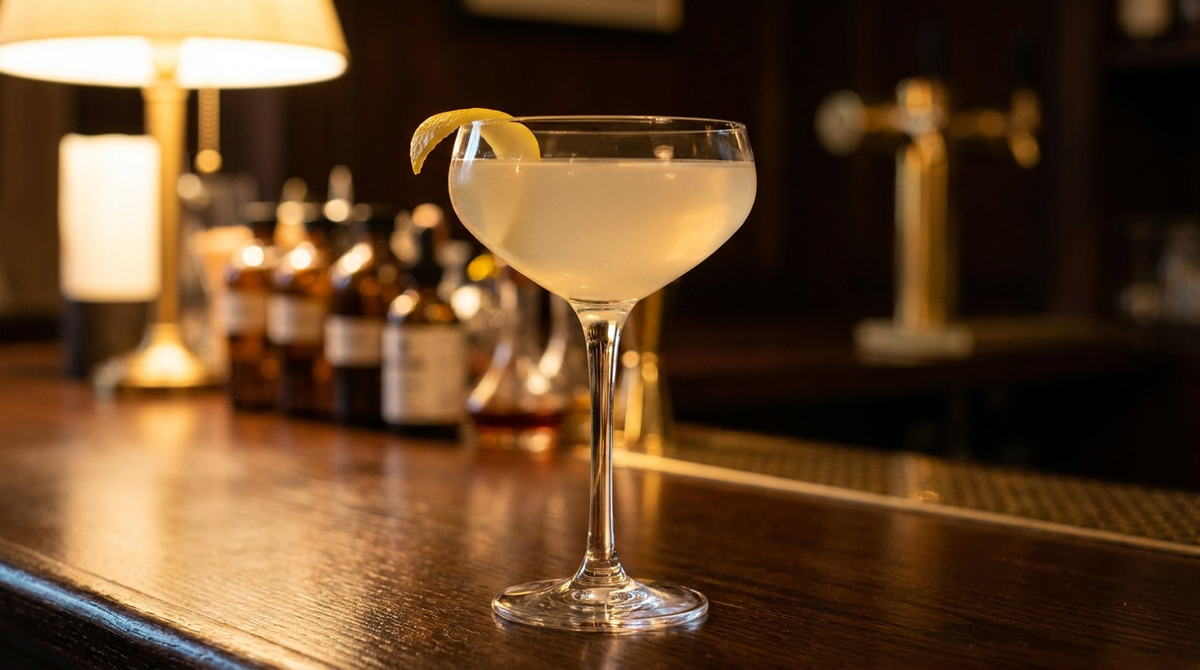 Verre coupe contenant un liquide jaune pâle limpide sans glace, fin ruban de zeste de citron torsadé posé sur le bord, comptoir de bois ciré sombre, lumière chaude et basse