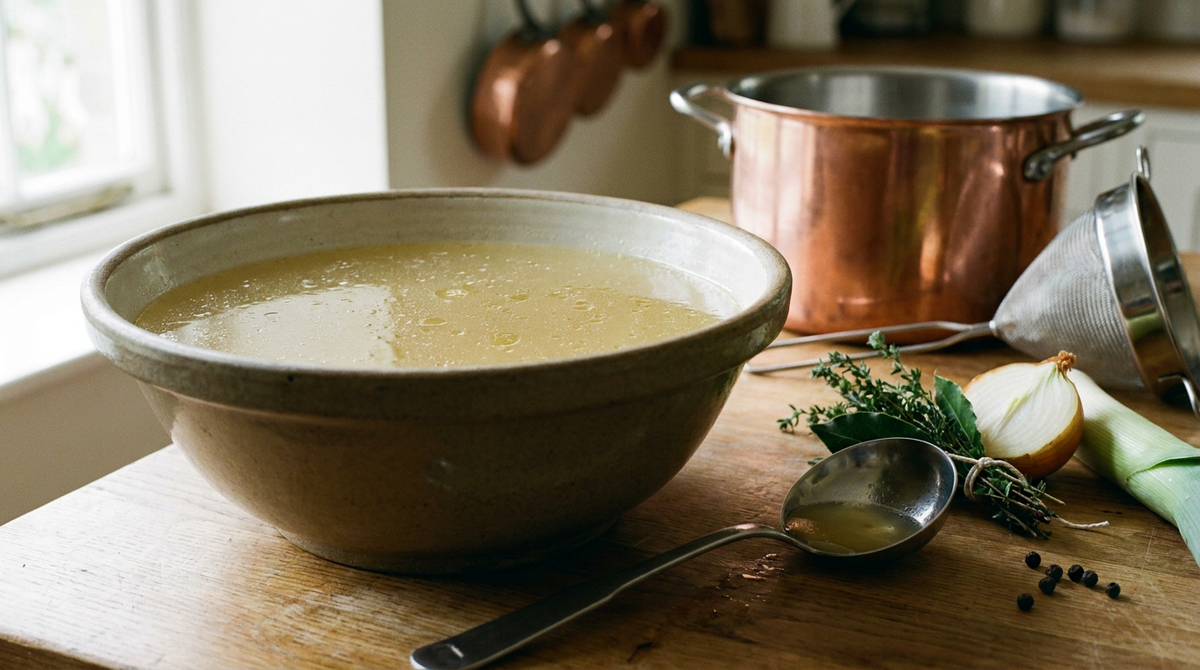Fond blanc de volaille maison, bouillon limpide et doré dans un grand bol en grès, louche à plat, marmite en cuivre et chinois derrière, oignon coupé, poireau, thym et laurier sur un plan de travail en bois