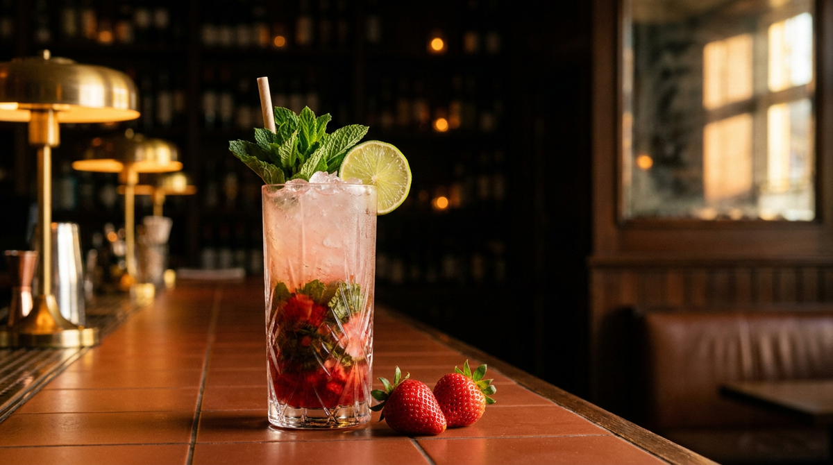 Mojito à la fraise en verre haut, fraises écrasées et menthe, sur un comptoir de tomettes
