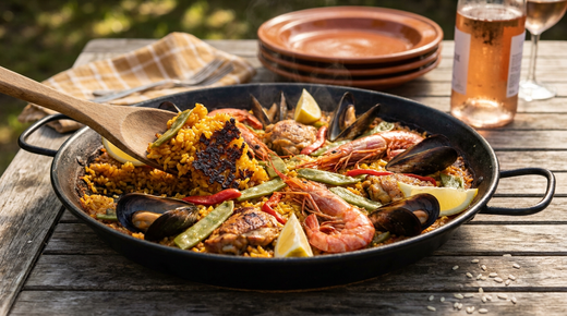 Paella dans sa poêle en acier, riz safrané, moules, gambas et poulet, une cuillère soulève la croûte de socarrat