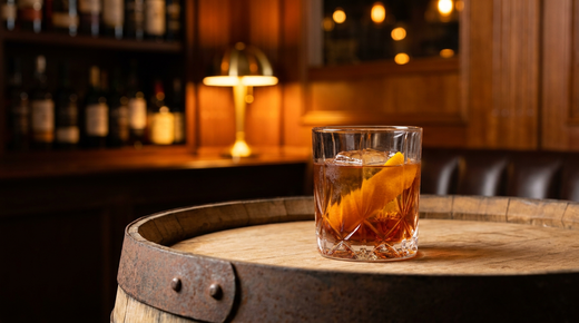 Thé glacé fumé ambré foncé sur un gros glaçon, zeste d'orange dans le verre, posé sur un fond de fût de chêne