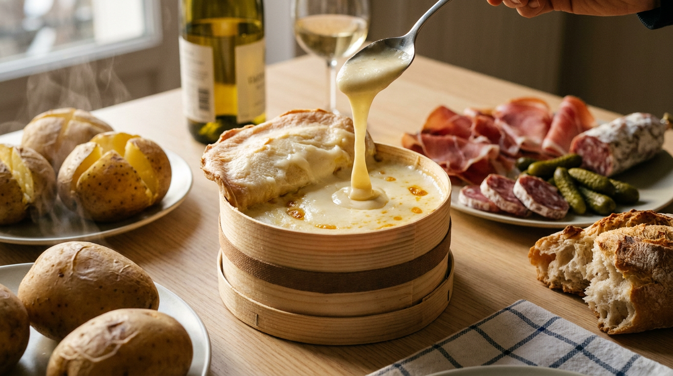 Mont d'Or chaud dans sa boîte d'épicéa cerclée, cœur coulant ivoire à la cuillère, pommes de terre, charcuterie et cornichons