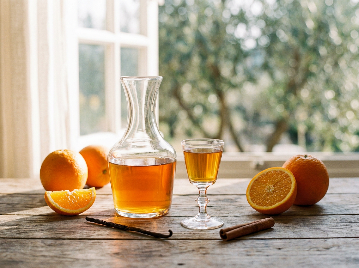 Carafe de vin d'orange provençal ambré, oranges tranchées, vanille et cannelle sur une table ensoleillée
