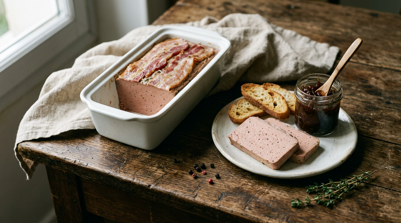 Terrine de foies de volaille lisse et rosée dans une terrine blanche bardée de lard, deux tranches nettes sur une assiette avec pain grillé, confiture d'oignons et grains de poivre