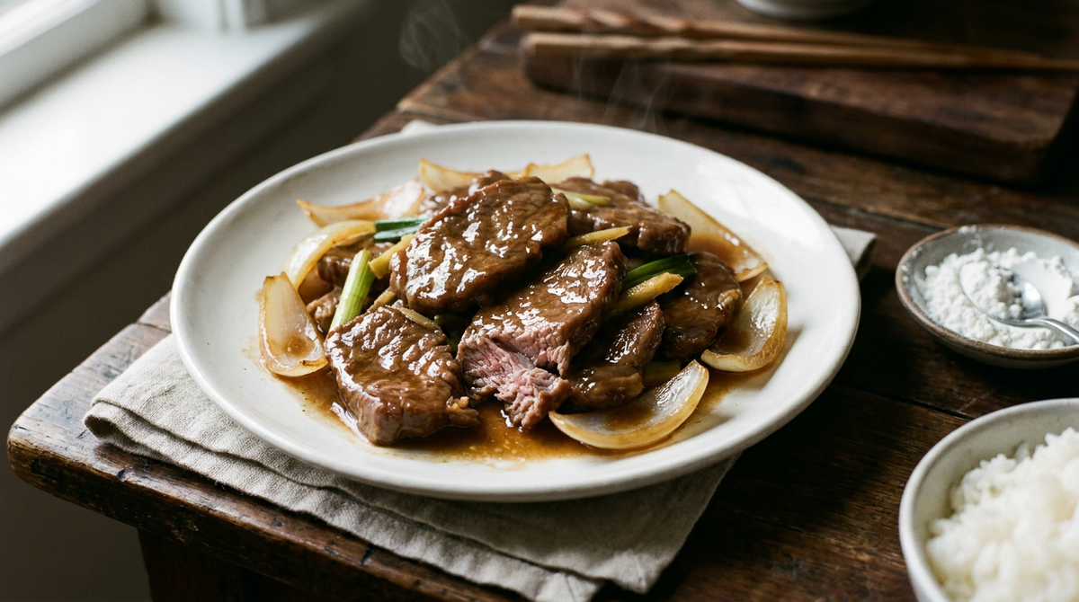 Bœuf aux oignons chinois, tranches de bœuf à la surface satinée et brillante, pétales d'oignon translucides, sauce brune nappante