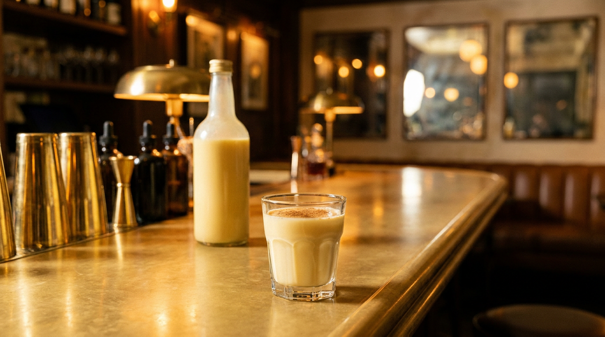 Rompope crème jaune pâle dans un petit verre, bouteille derrière, cannelle en surface, comptoir de pierre dorée