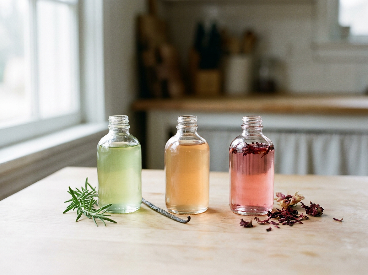 Trois petites bouteilles de sirops aromatisés maison, romarin, vanille et hibiscus, avec leurs ingrédients frais