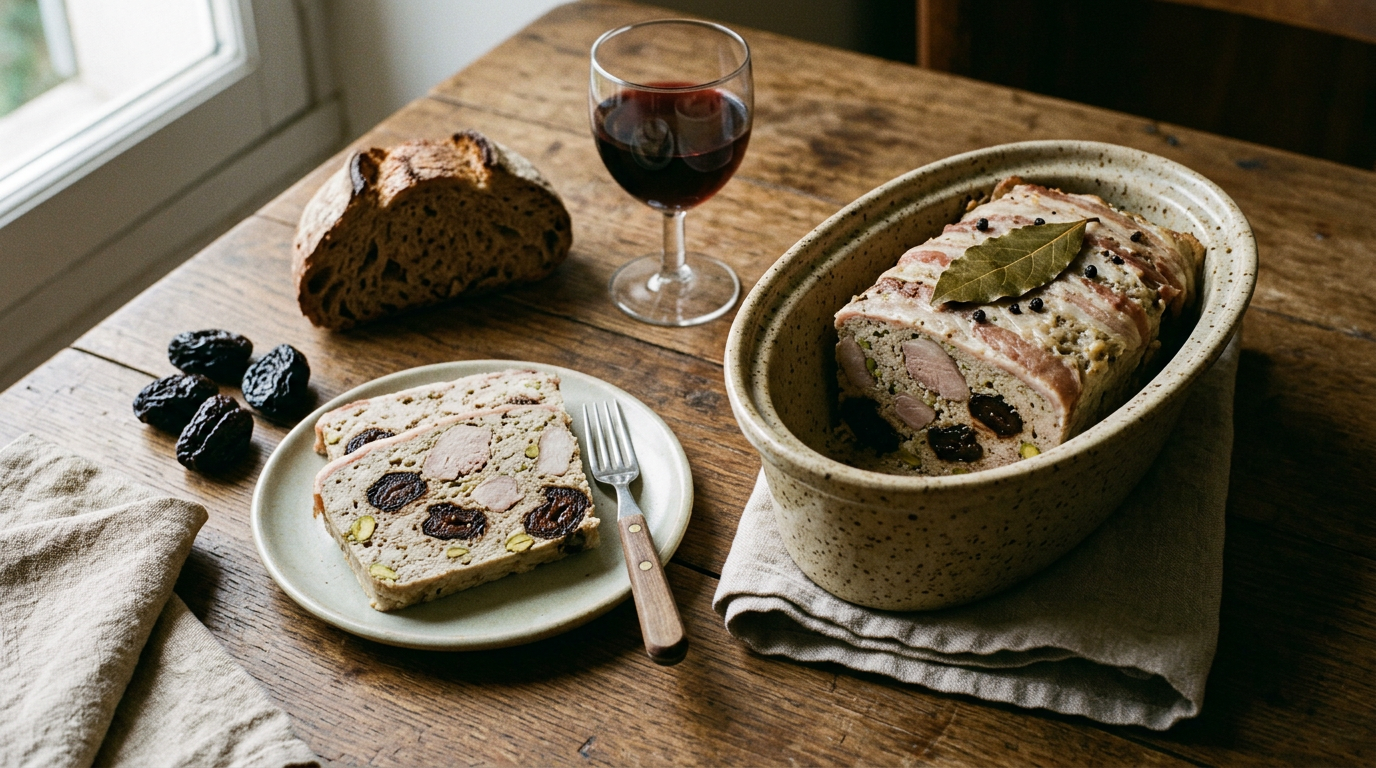 Terrine de lapin aux pruneaux tranchée sur une assiette : farce claire ponctuée de pruneaux noirs et de morceaux de râble, terrine ovale bardée de lard avec laurier, pain de campagne et verre de vin rouge