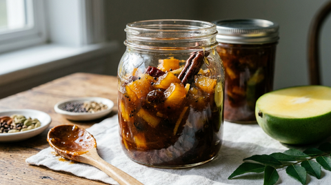 Chutney de mangue en bocal de verre, confiture ambrée très épaisse, morceaux de mangue entiers, gingembre et épices